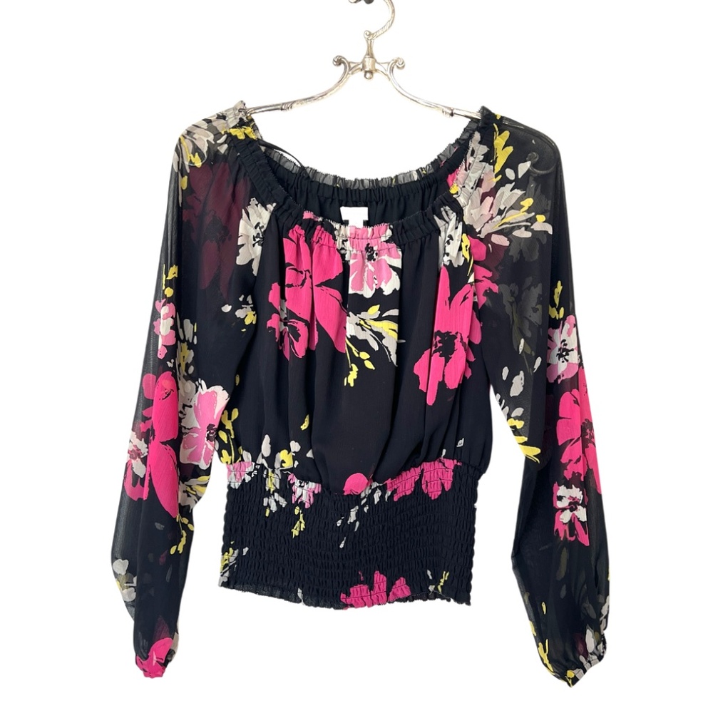 Charter Club Boho Black and Pink Floral Long Sleeve Blouse  Size 4